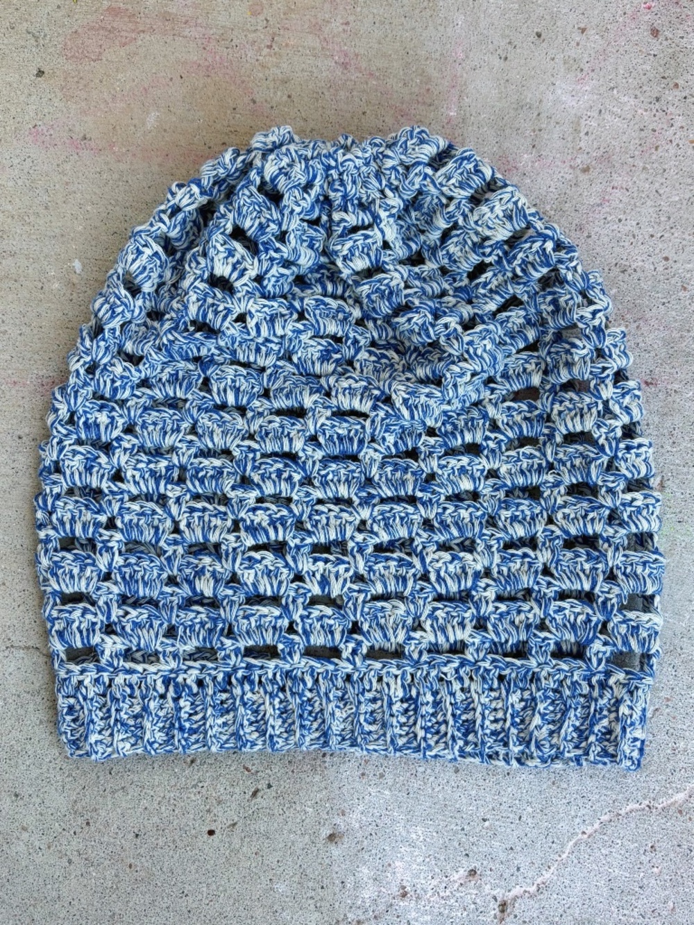 Handmade Crochet Summer Slouchy Beanie in Blue and White
